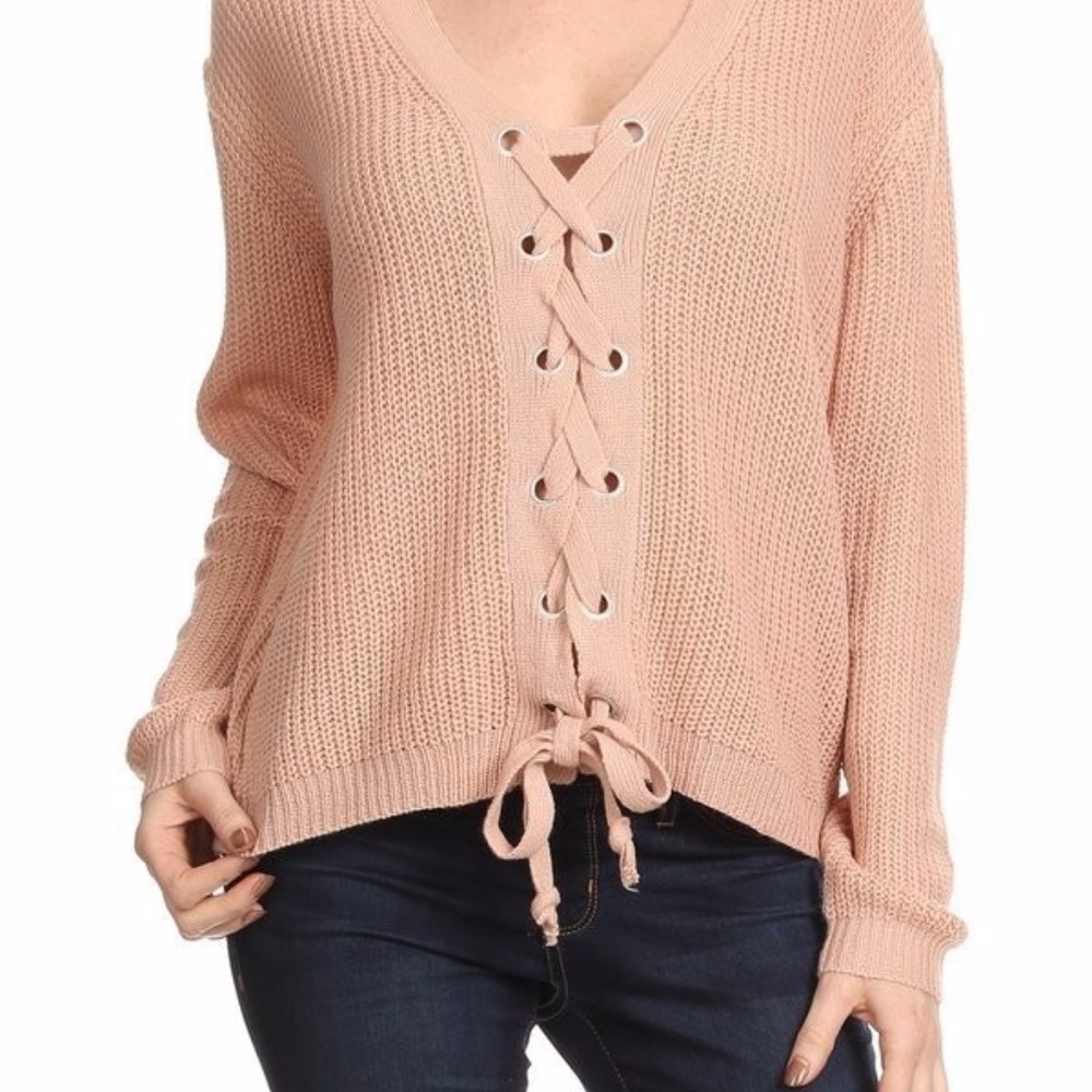 Peach full lace up knit sweater - Picture 1 of 6